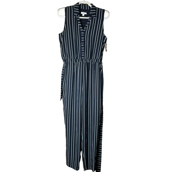 NWT Womens Sz 8 Bar III Navy & White Striped Sleeveless Jumpsuit w/Button Up V-N - Picture 1 of 9
